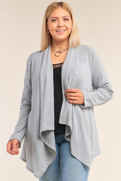 Plus Size Heather Grey Knit Open Front Long Sleeve Asymmetrical Pleated Collar Hem Cardigan