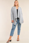 Plus Size Heather Grey Knit Open Front Long Sleeve Asymmetrical Pleated Collar Hem Cardigan