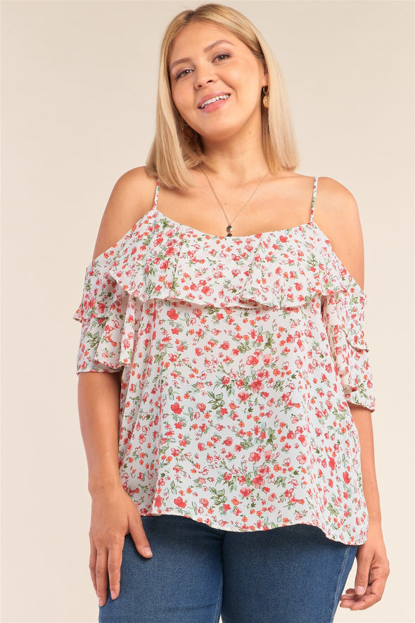 Plus Size Floral Print Relaxed Fit Mini Sleeve Off-the-shoulder Flared Hem Top