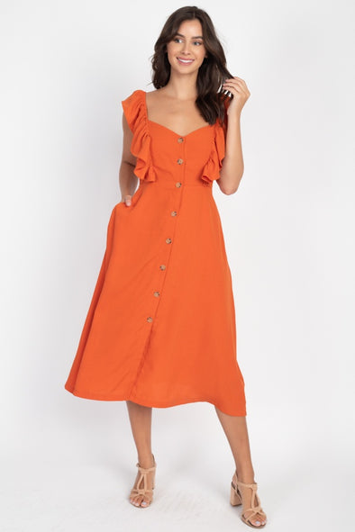 Button Front Ruffle Midi Dress