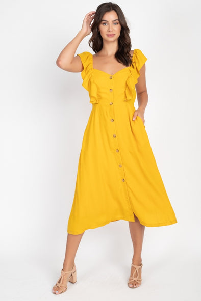 Button Front Ruffle Midi Dress