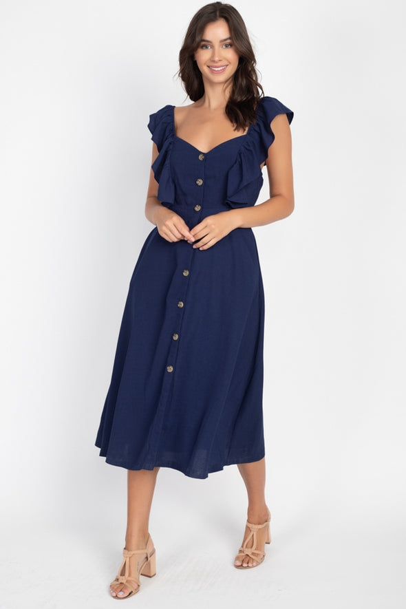 Button Front Ruffle Midi Dress