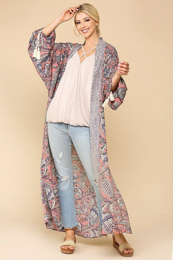 Mix-printed Open Front Kimono With Side Slits