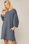 Textured Button Accent Puff Sleeve Side Pockets Shift Dress