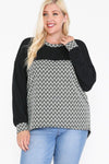 Jacquard Contrast With Drop Shoulder Long Sleeve Round Hem Top