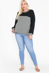 Jacquard Contrast With Drop Shoulder Long Sleeve Round Hem Top