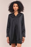 Jet Black Satin V-neck Long Sleeve Relaxed Fit Shirt Dress