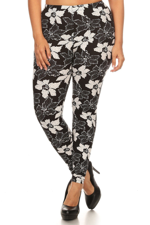 Plus Size Floral Pattern Printed Knit Legging With Elastic Waistband