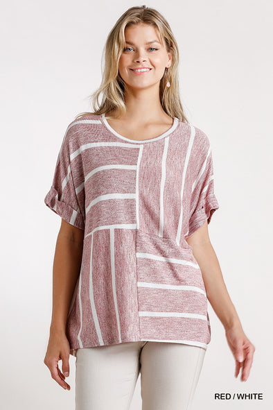 Horizontal And Vertical Striped Short Folded Sleeve Top With High Low Hem