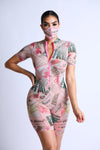 Printed Mesh Romper With Stitching Detail With Mask