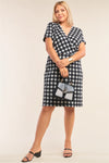 Plus Size Black&white Checkered Fitted Wrap Deep Plunge V-neck Dress