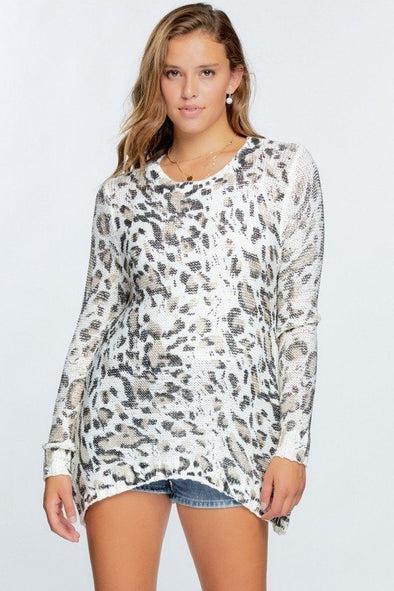 Wild Leopard Animal Print Asymmetrical Hem Cozy Knit Pullover Sweater.