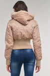 Letter Printed Zip-up Faux Fur Hood Detail Cropped Winter Bomber Jacket