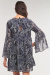 Navy Multicolor Paisley Print Loose Fit Trumpet Sleeve Self-tie Detail Mini Dress