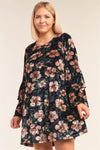 Plus Size Floral Print Velvet Long Layered Hem Sleeve Mini Dress