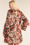 Plus Size Floral Print Velvet Long Layered Hem Sleeve Mini Dress