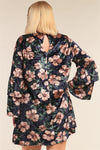 Plus Size Floral Print Velvet Long Layered Hem Sleeve Mini Dress