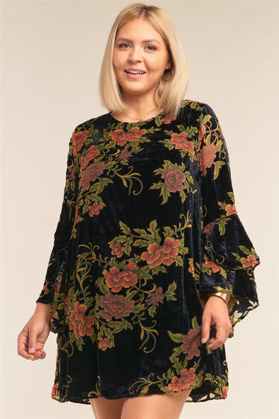 Plus Size Velvet Floral Pattern Long Angel Sleeve Round Neck Relaxed Fit Mini Dress