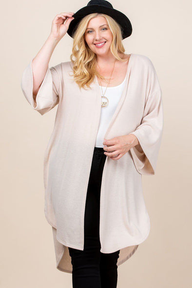 Plus Size Solid Hacci Brush Open Front Long Cardigan With Bell Sleeves