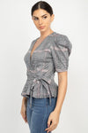 Plaid Front Wrap Puff Sleeve Top