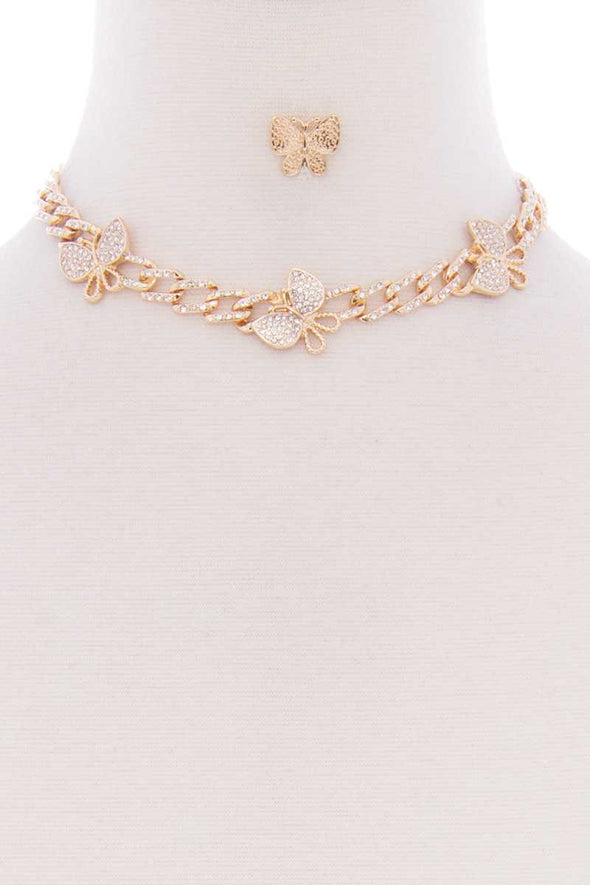 Butterfly Metal Stone Stud Link Chain Necklace Earring Set
