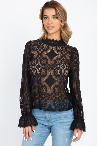 Sheer Floral & Geo Crochet Lace Top