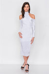 White Velvet Halter Crushed Cold Shoulder Turtleneck Long Sleeve Back Slit Midi Dress