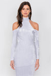 White Velvet Halter Crushed Cold Shoulder Turtleneck Long Sleeve Back Slit Midi Dress