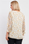 Plus Size Ivory Yellow Floral Print Relaxed Fit Draw String Self Tie Puff Midi Sleeve Top