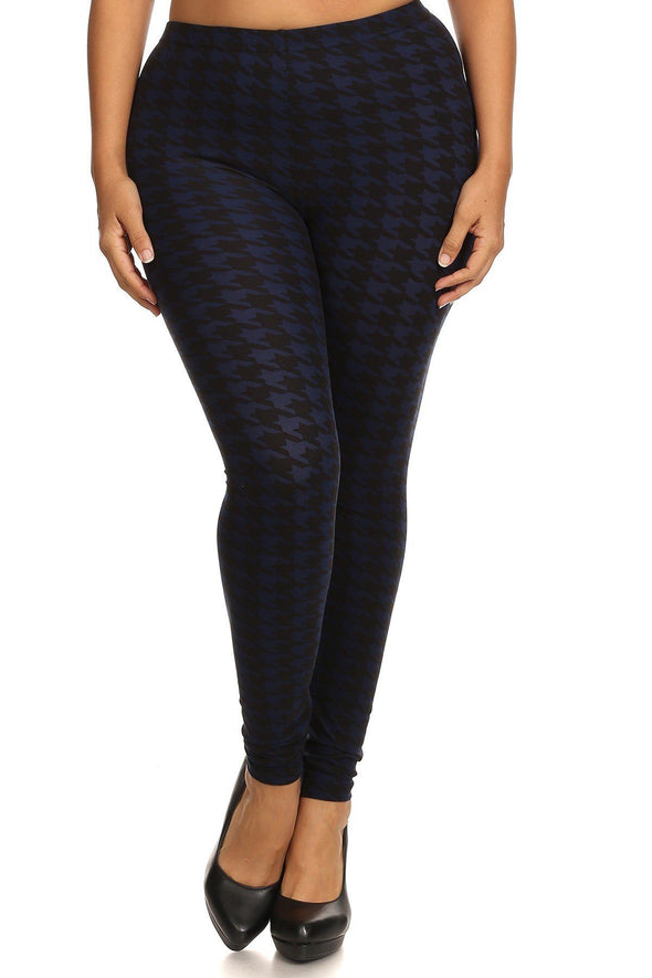 Plus Size Houndstooth Graphic Print, Full Length Leggings In A Slim Fitting Style With A Banded High Waist