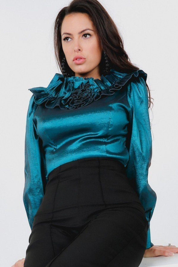 Flower Patch With Ruffle Neck Satin Blouse