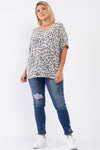 Plus Light Grey Leopard Print Relaxed Round Neck Top