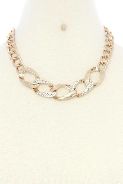 Oval Link Rhinestone Metal Necklace