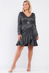 Plus Long Sleeve V-neck Asymmetrical Wrap Flare Hem Belt Detail Oval Rhinestone Buckle Mini Dress