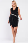 Sleeveless V-neck Asymmetrical Wrap Rhinestones Detail Fitted Mini Blazer Dress