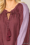 Textured Color Mixed Tassel Tie Peasant Top With Reverse Stitch Detail