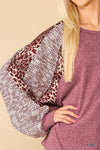 Textured Knit And Animal Print Mixed Dolman Sleeve Top