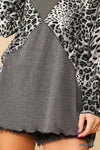 Solid And Animal Print Mixed Knit Turtleneck Top With Long Sleeves