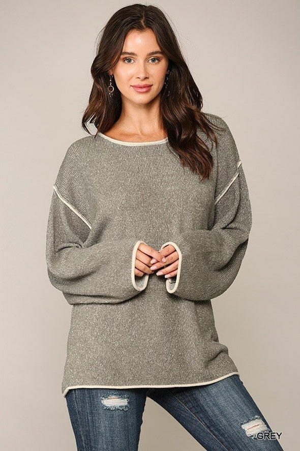 Two-tone Sold Round Neck Sweater Top With Piping Detail