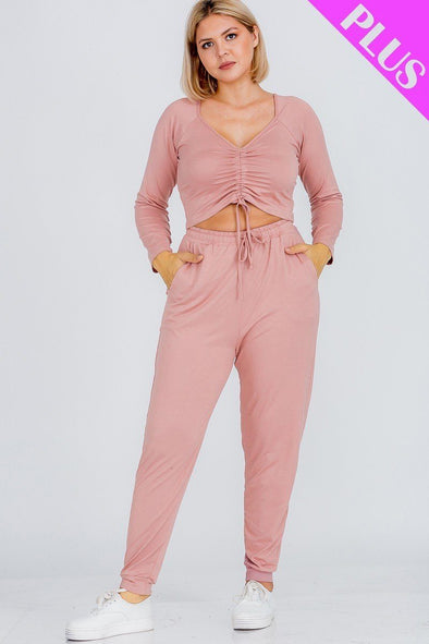 Plus Size Strap Ruched Top And Jogger Pants Set