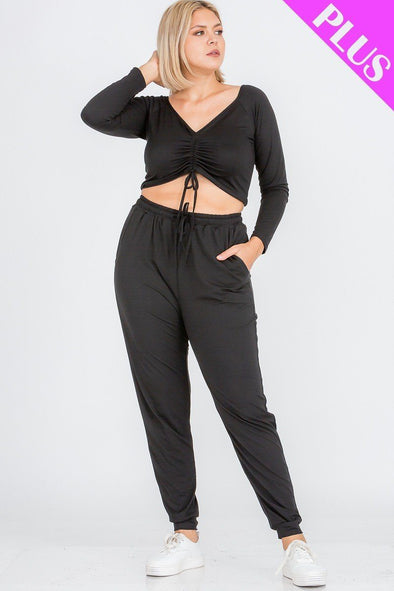 Plus Size Strap Ruched Top And Jogger Pants Set