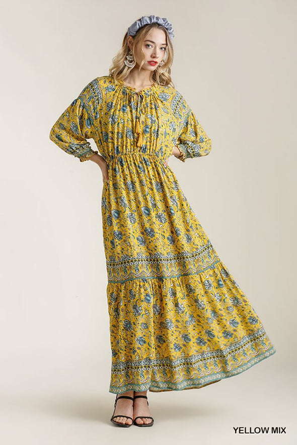 Paisley Print Smocked Ruffle Cuff Sleeve Elastic Waist Maxi Dress With Front String Tie