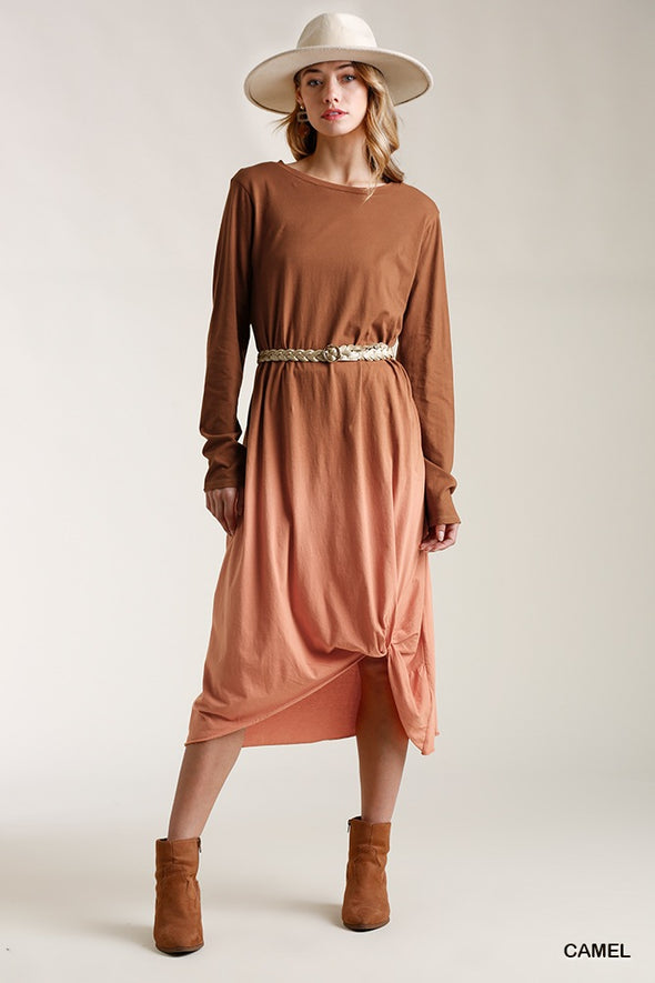 Ombre Front Knot Detail Long Sleeve Maxi Dress With Raw Hem