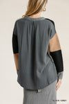 Colorblock Contrasted Cotton Fabric On Back Top With Side Slits And High Low Hem