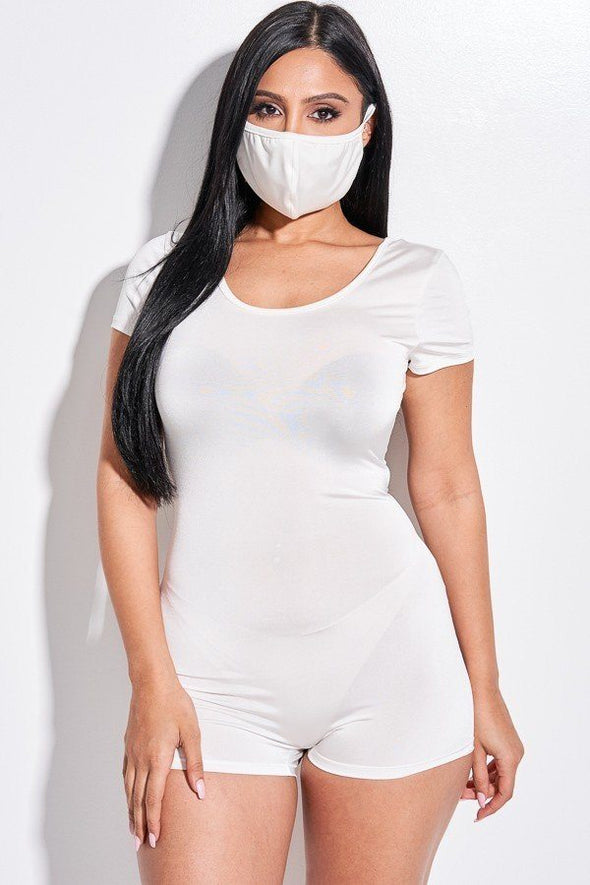 Solid Short Sleeve Scoop Neck Romper And Face Mask 2 Piece Set