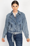 Ribbed Hem Belted Denim Jacket