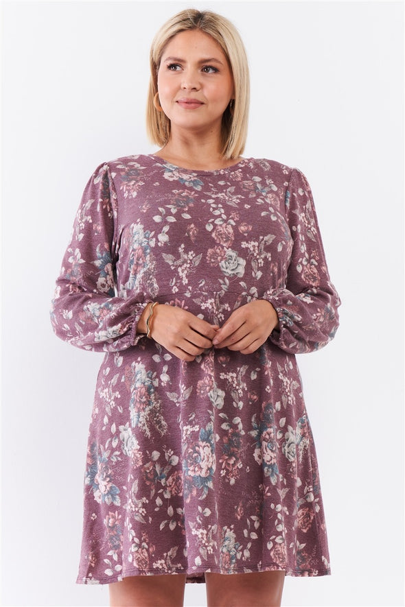 Plus Washed Burgundy Floral Print Long Puff Sleeve Relaxed Mini Dress