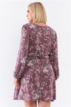 Plus Washed Burgundy Floral Print Long Puff Sleeve Relaxed Mini Dress