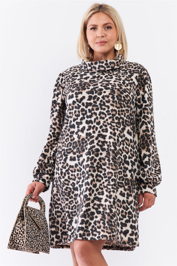 Plus Size Leopard Print Ribbed Cowl Neck Balloon Sleeve Mini Dress