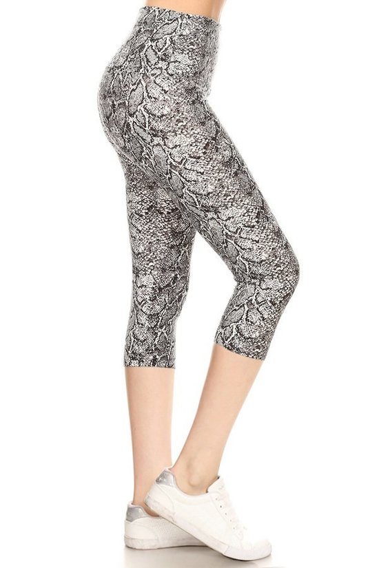 Yoga Style Banded Lined Snakeskin Printed Knit Capri Legging With High Waist